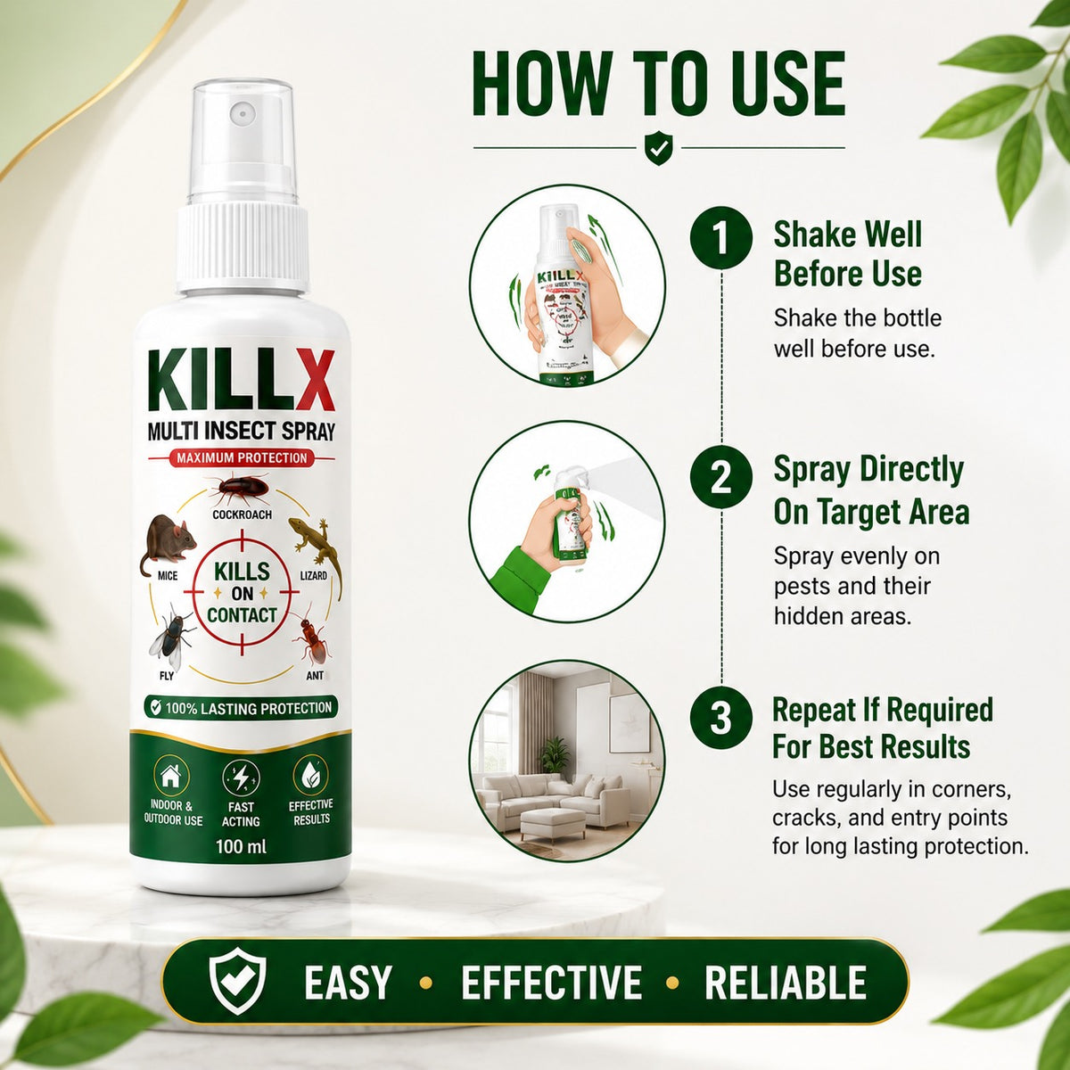 (Pack of 3) KillX Multi Insect Spray – Fast Acting Bed Bug Spray, Cockroach & Mosquito Killer for Home, Kitchen & Mattresses