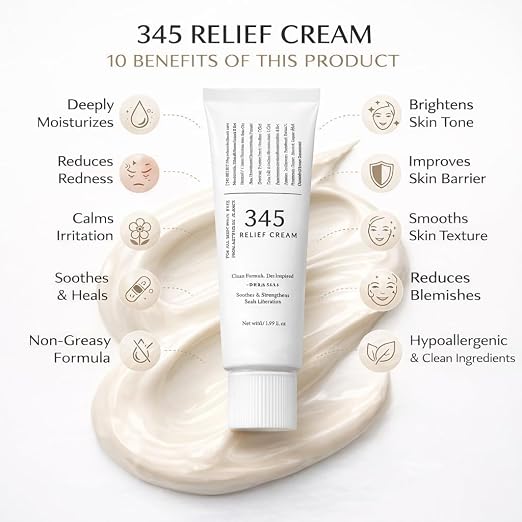 (Pack of 2) 345 Relief Cream Face Moisturizer – Soothing Skin Barrier Repair Gel Cream for Acne-Prone & Sensitive Skin