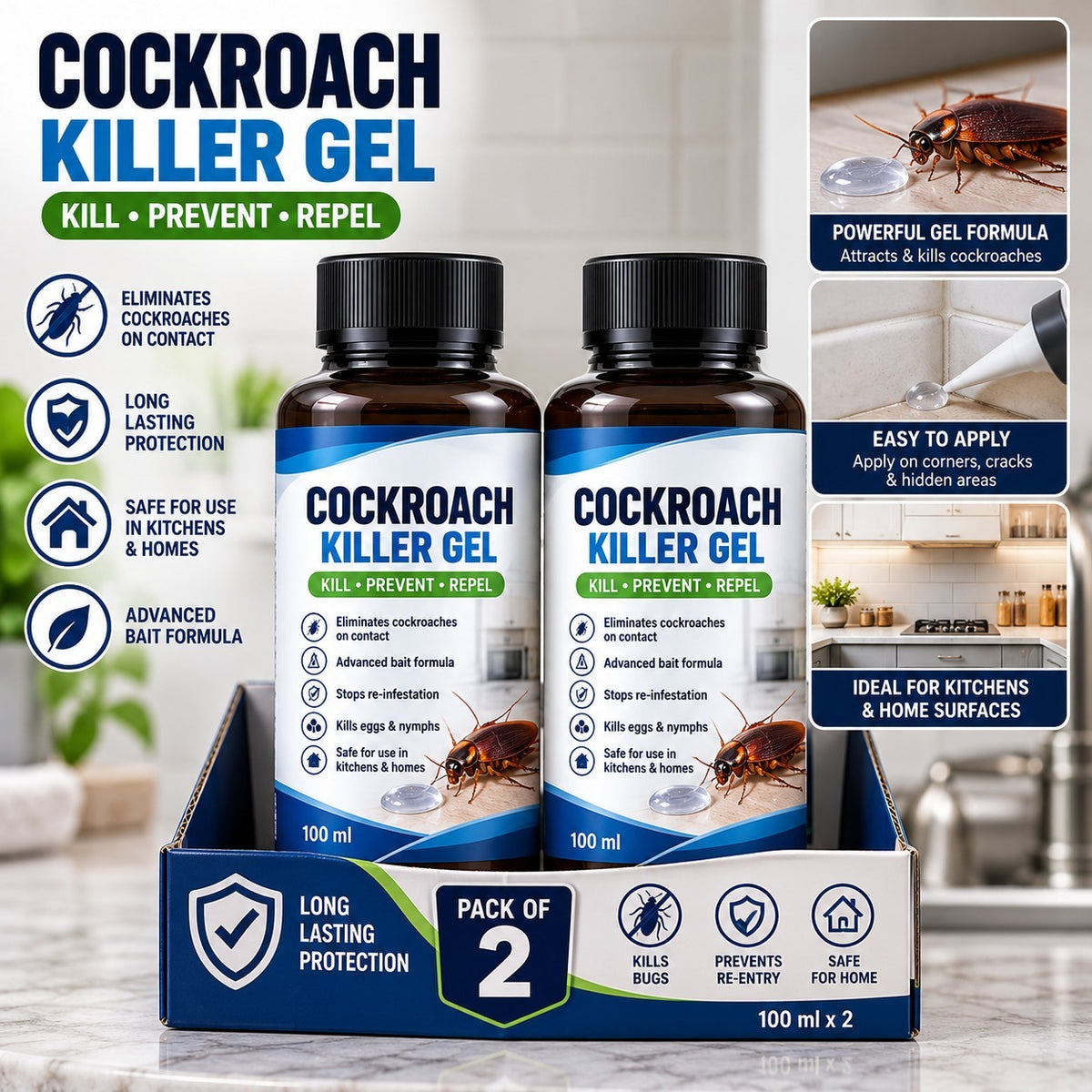 (Pack of 2) Cockroach Killer Gel Anti Cockroach Gel Bait – Fast Acting Roach Killer Paste for Kitchen Cabinets, Sinks & Home Pest Control