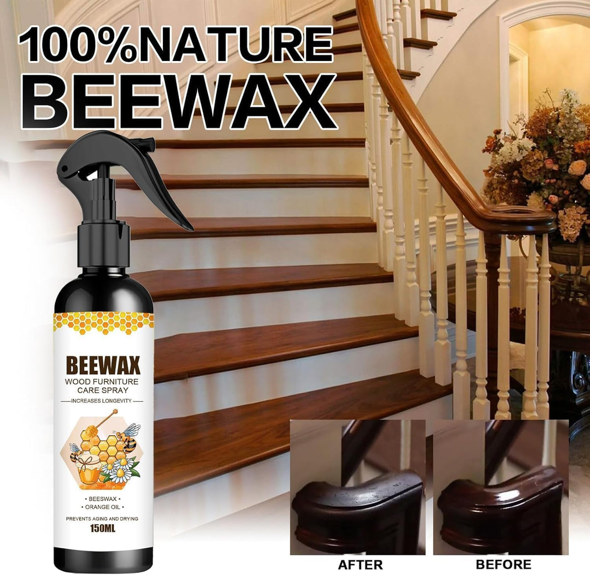(Pack of 2) Wood Polish Furniture & Wood Polish Liquid – Natural Beeswax Spray & Door Polish for Teak Wood Furniture, Cabinets & Floor Restorer